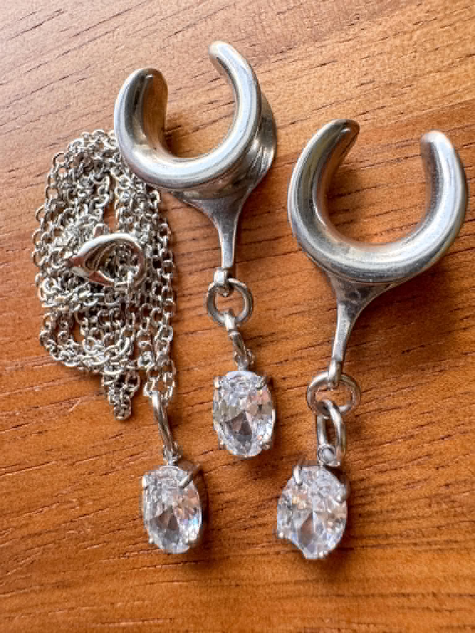 Silver Zircon Plugs With Matching Necklace