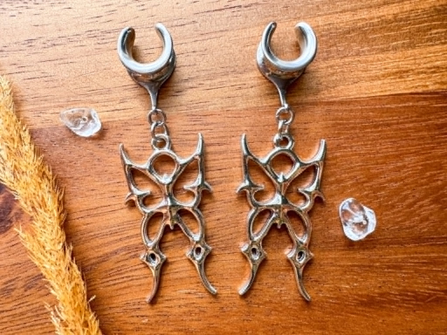Silver gothic butterfly plug earrings for stretched ears
