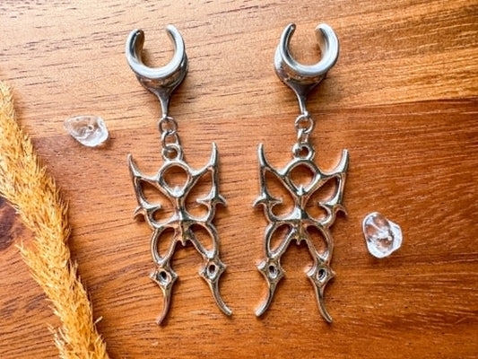 Silver gothic butterfly plug earrings for stretched ears