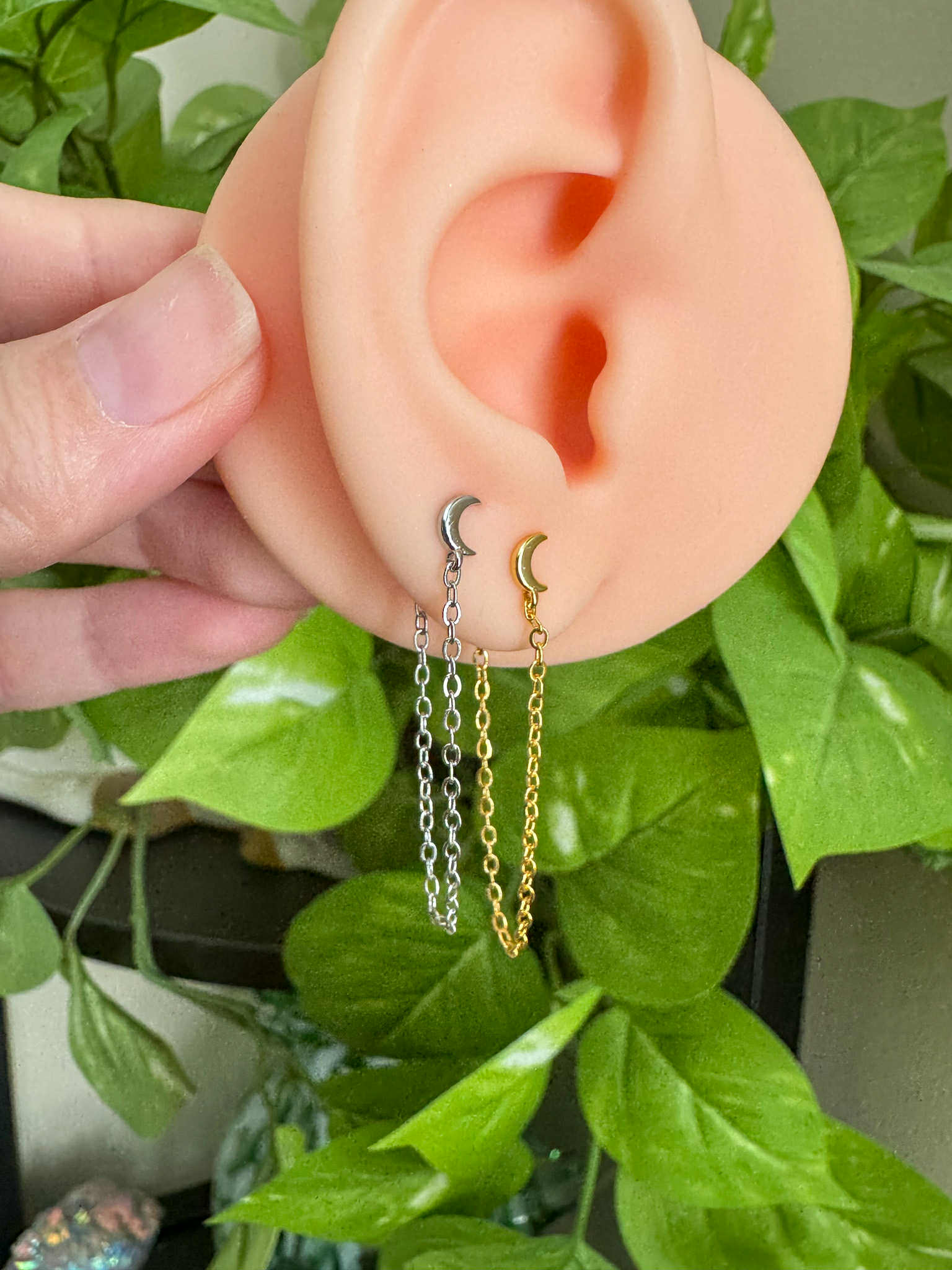 Silver or Gold Crescent Moon Chain Earrings