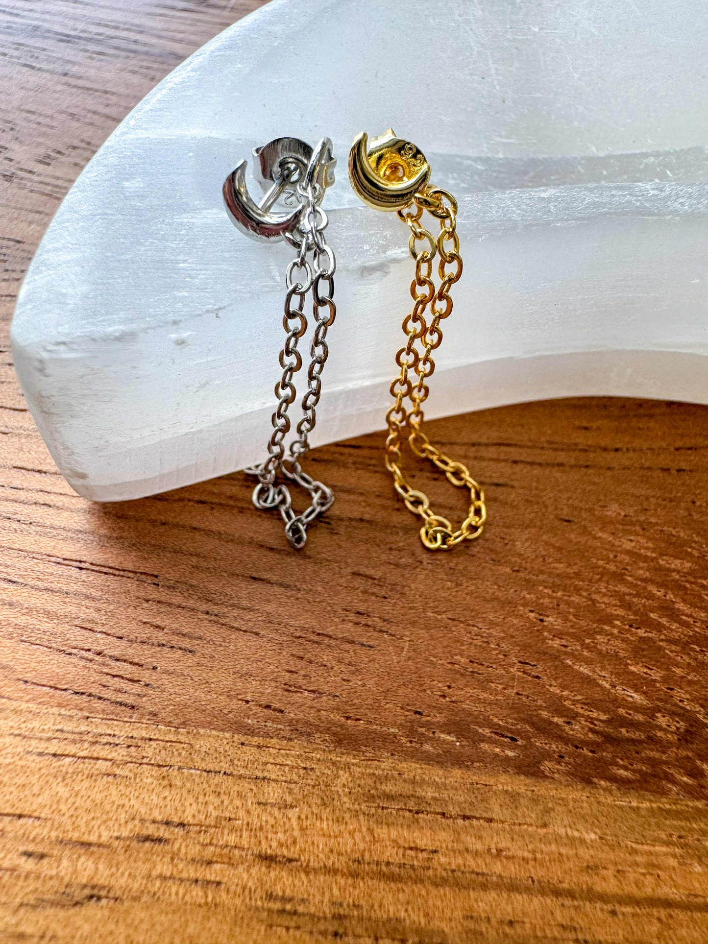 Silver or Gold Crescent Moon Chain Earrings