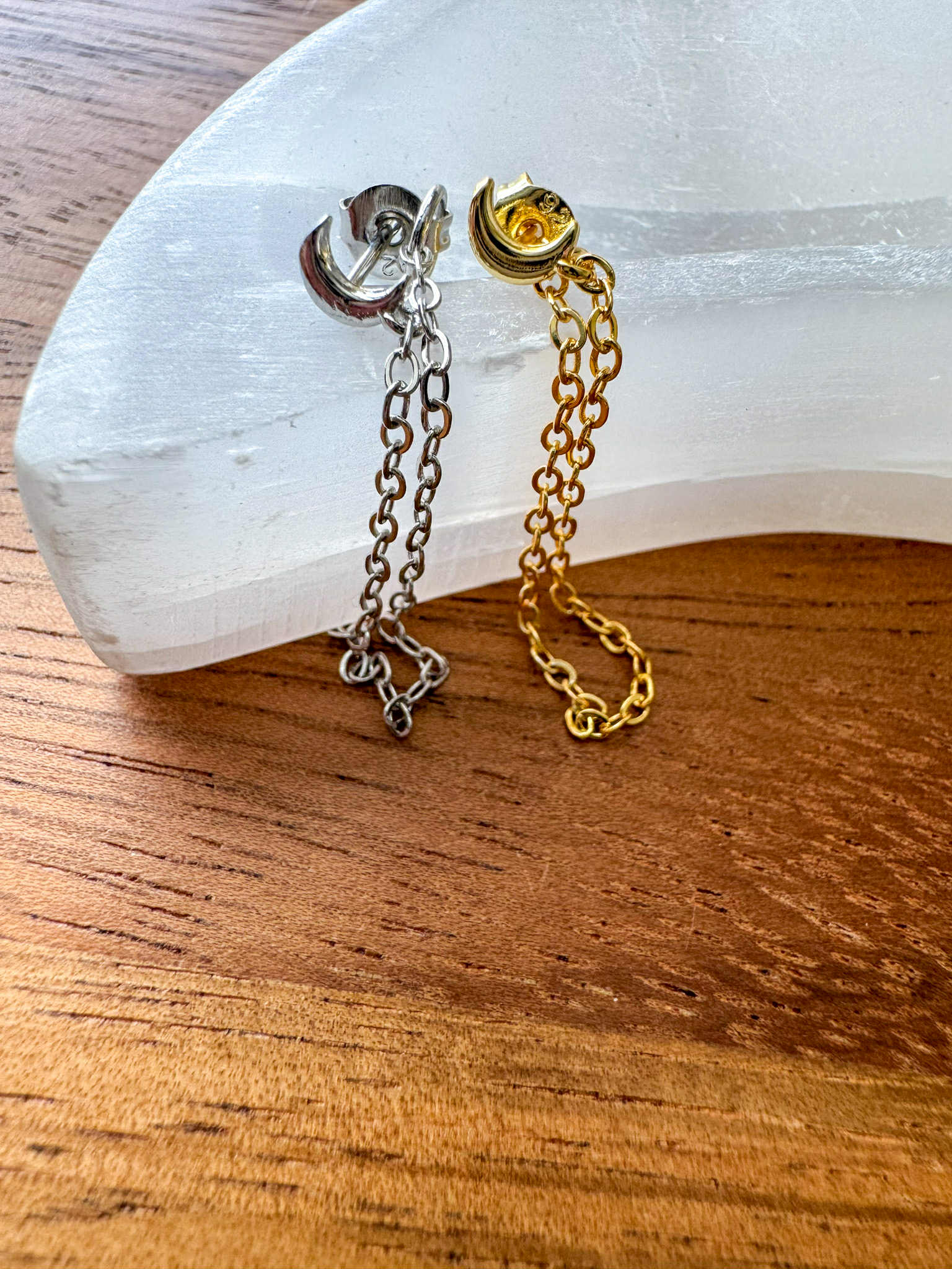 Silver or Gold Crescent Moon Chain Earrings