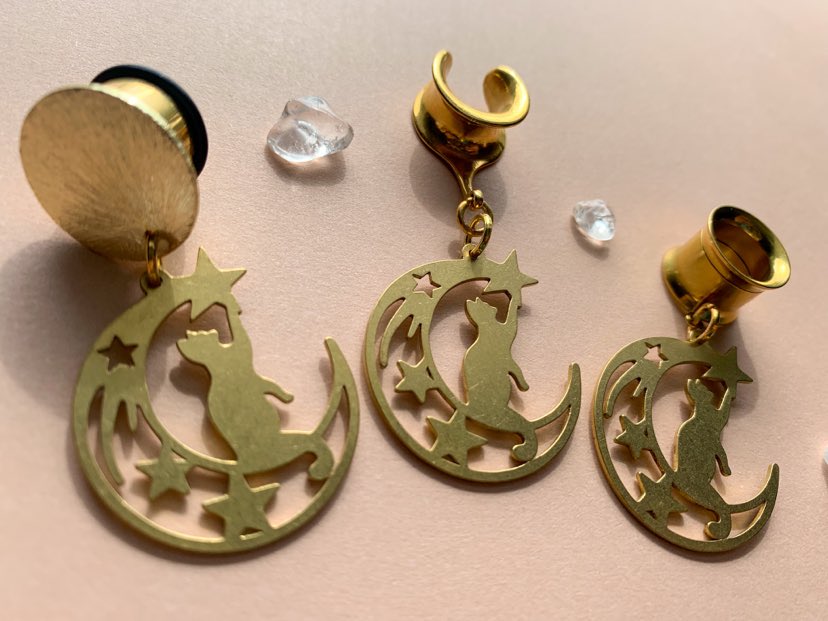 Small Brass Cat & Moon Dangles