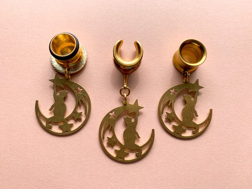 Small Brass Cat & Moon Dangles
