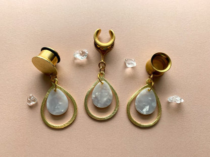 Small Gold Tears With White Acetate Dangle Plug Earrings