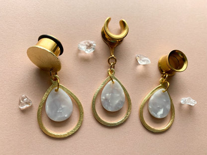 Small Gold Tears With White Acetate Dangle Plug Earrings
