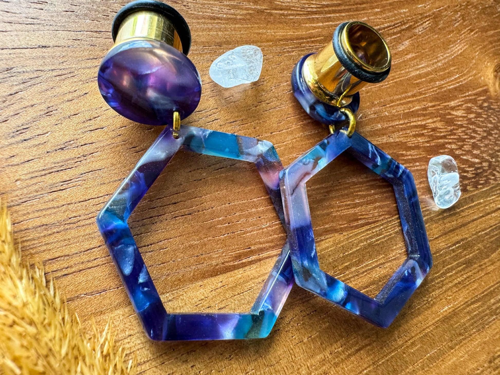 Small BlueTeal Multi-Color Hexagon Hoops Plug Earrings