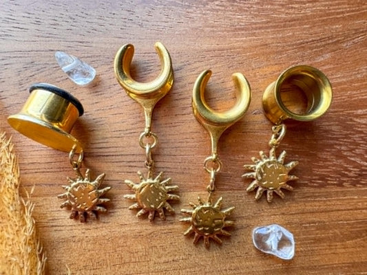 Small Gold Sun Dangles Plug Earrings