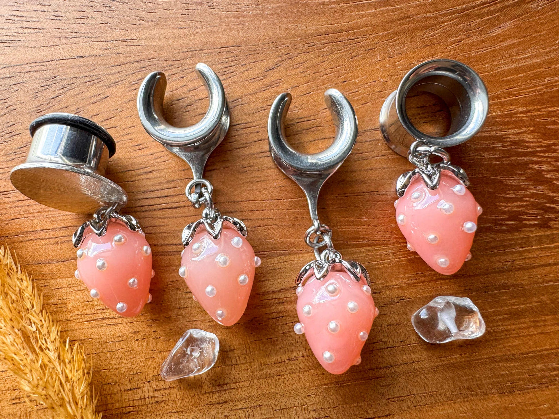 Small Pink Strawberries Plug Earrings