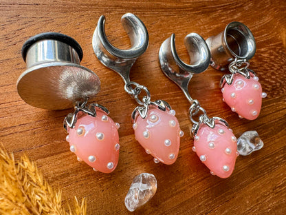Small Pink Strawberries Plug Earrings