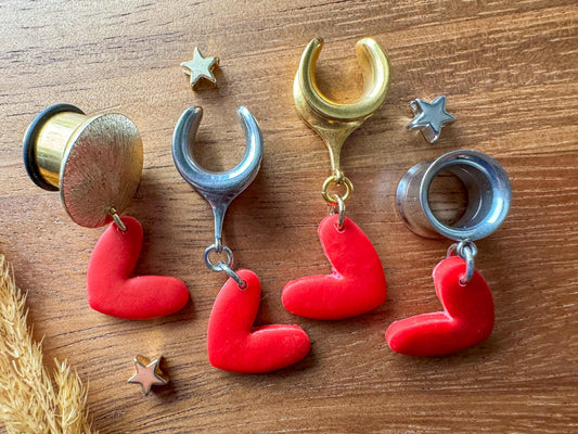 Small Red Polymer Clay Hearts Plug Earrings