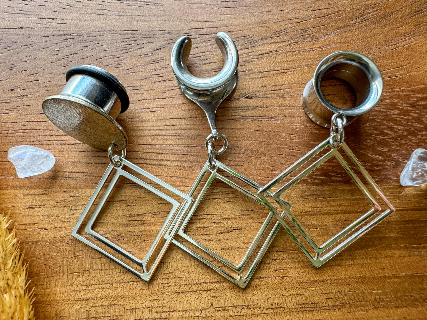 Small Silver Square Dangles Plug Earrings