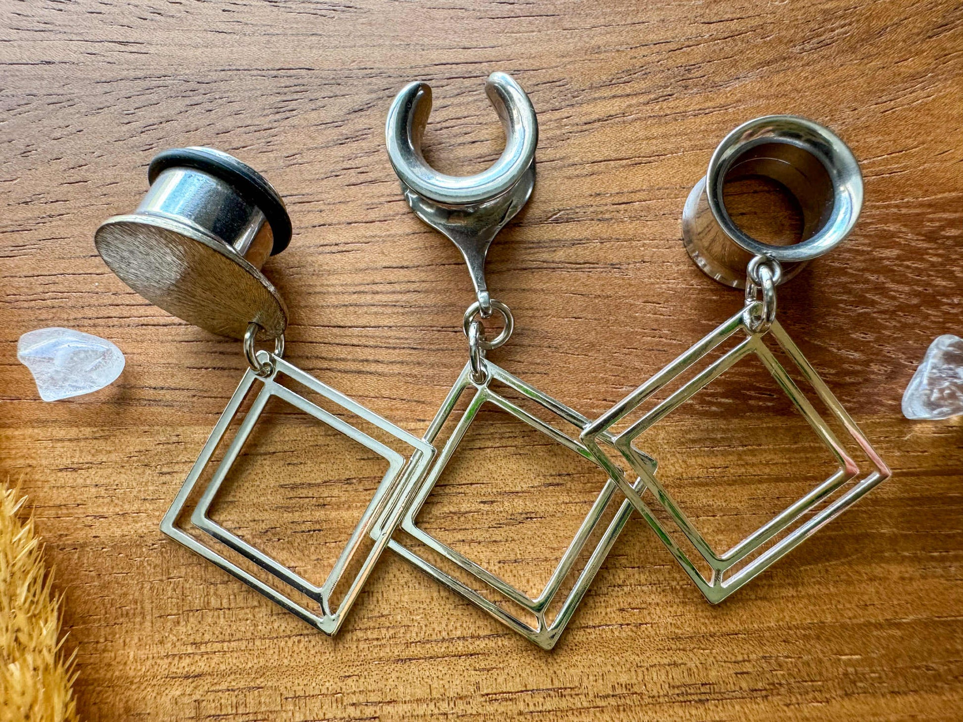 Small Silver Square Dangles Plug Earrings