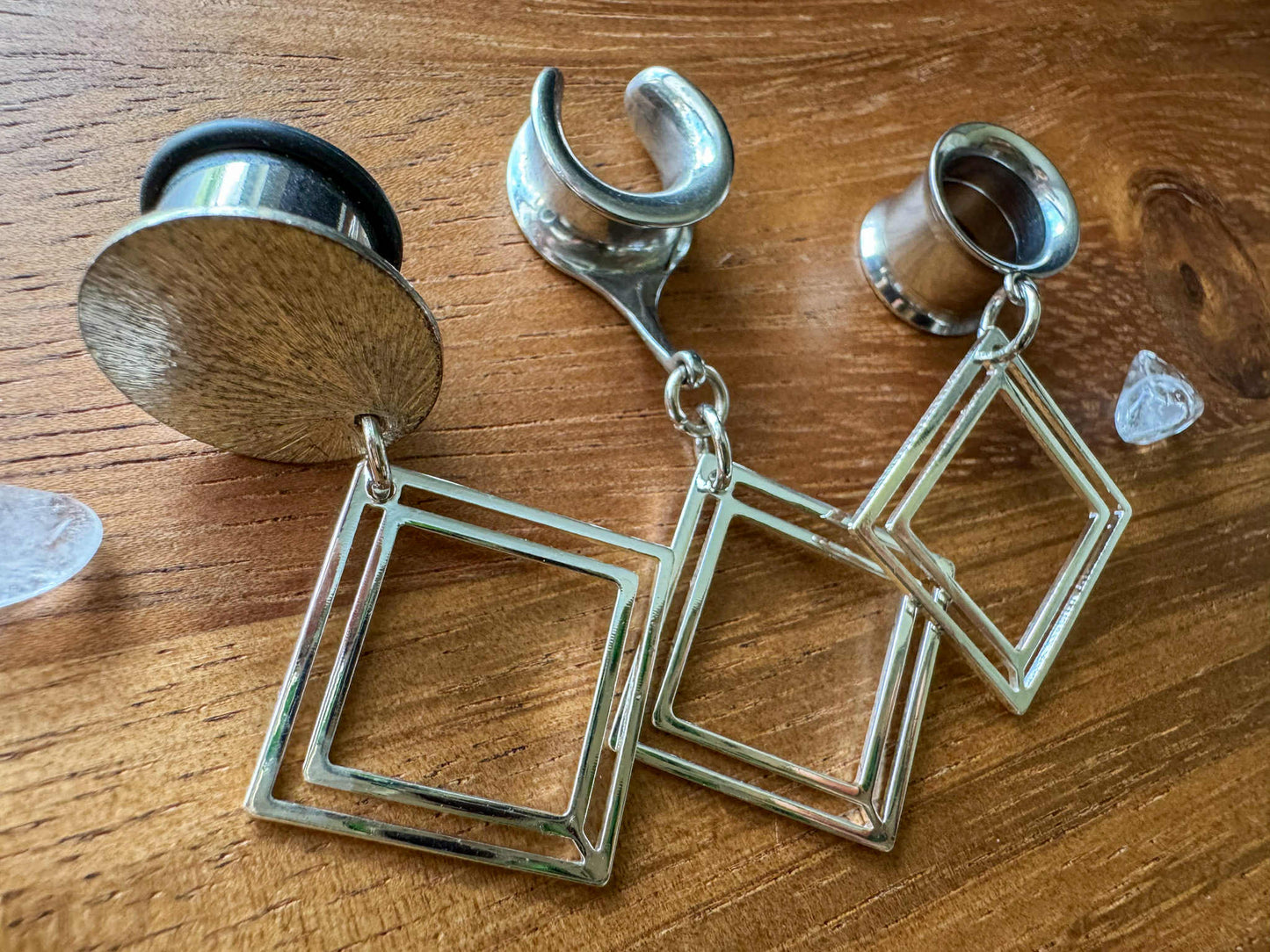 Small Silver Square Dangles Plug Earrings