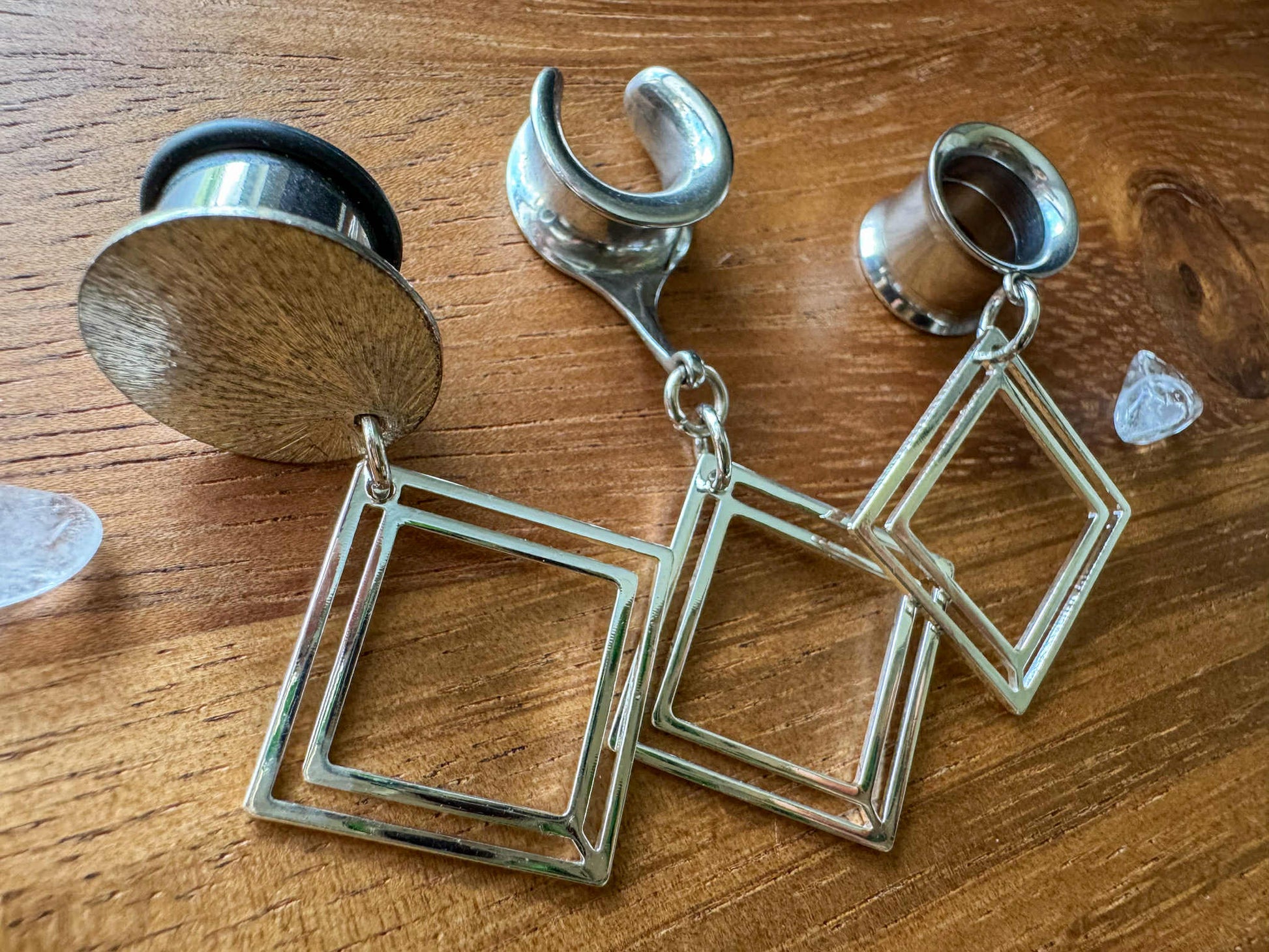 Small Silver Square Dangles Plug Earrings