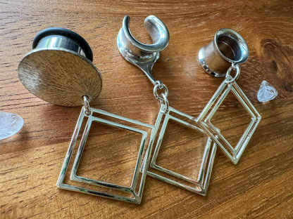 Small Silver Square Dangles Plug Earrings