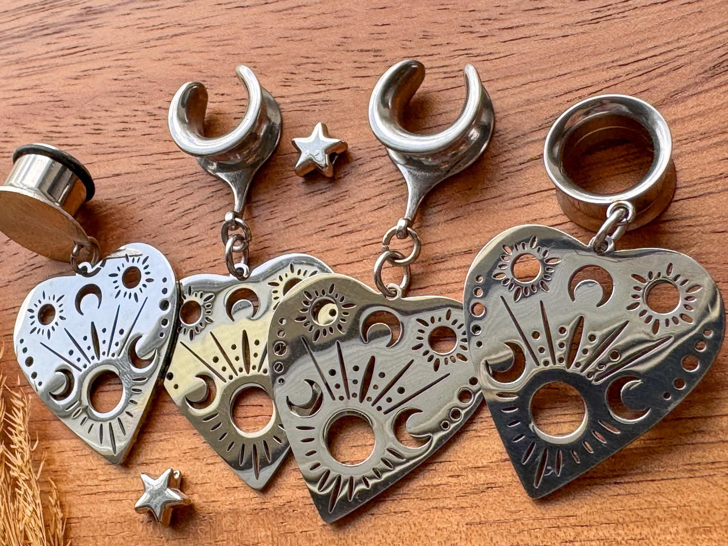 Stainless Steel Crescent Moon Hearts Plug Earrings