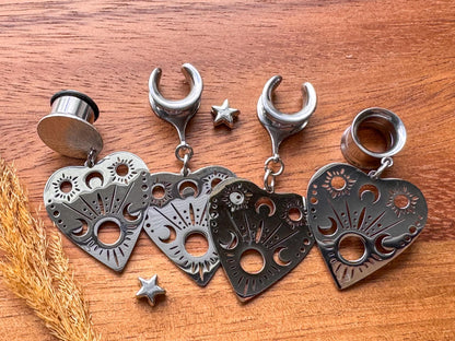 Stainless Steel Crescent Moon Hearts Plug Earrings