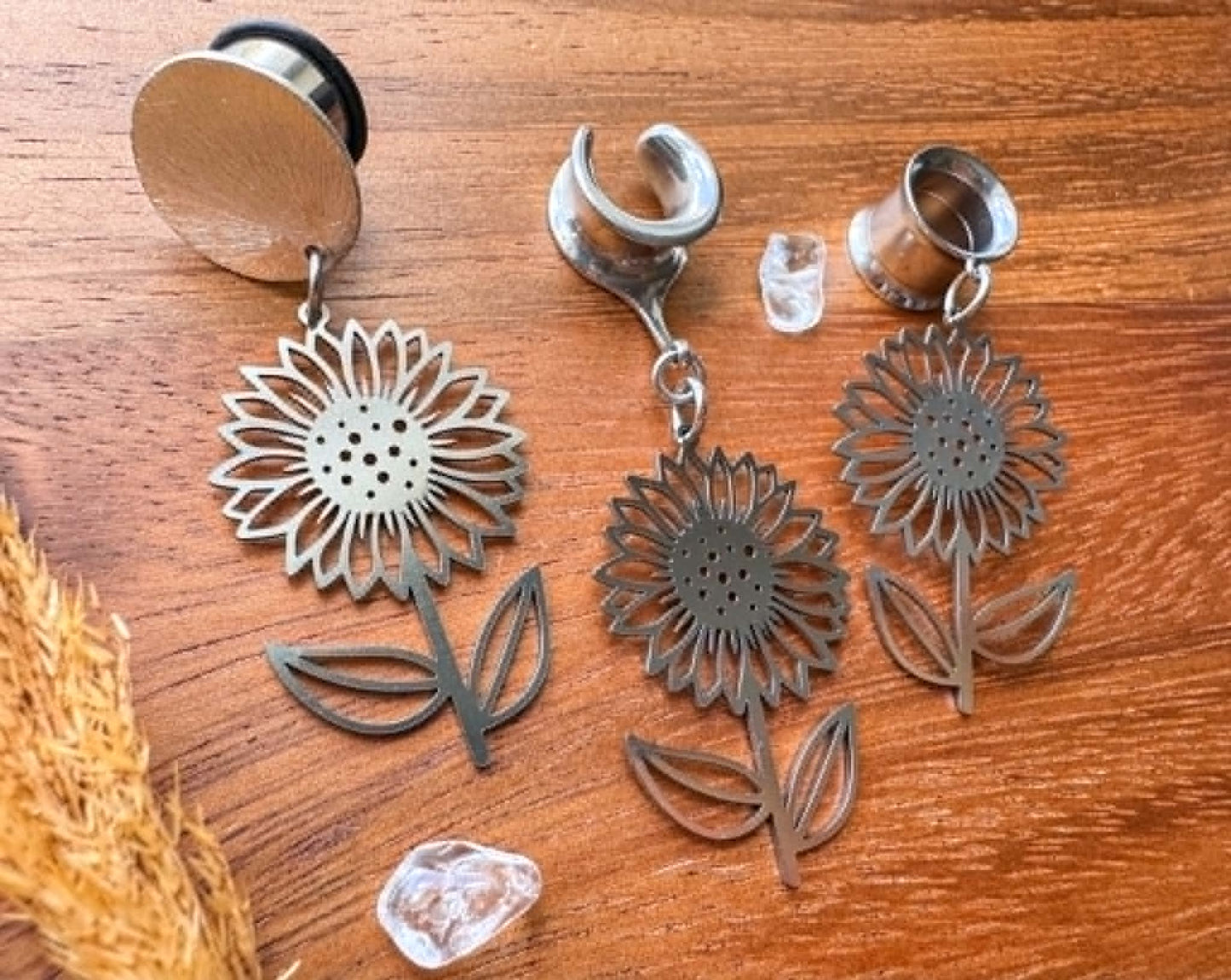 Stainless Steel Sunflower Plants Plug Earrings