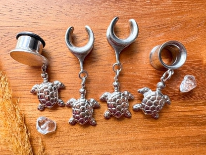 Steel Sea Turtle Dangles Plug Earrings