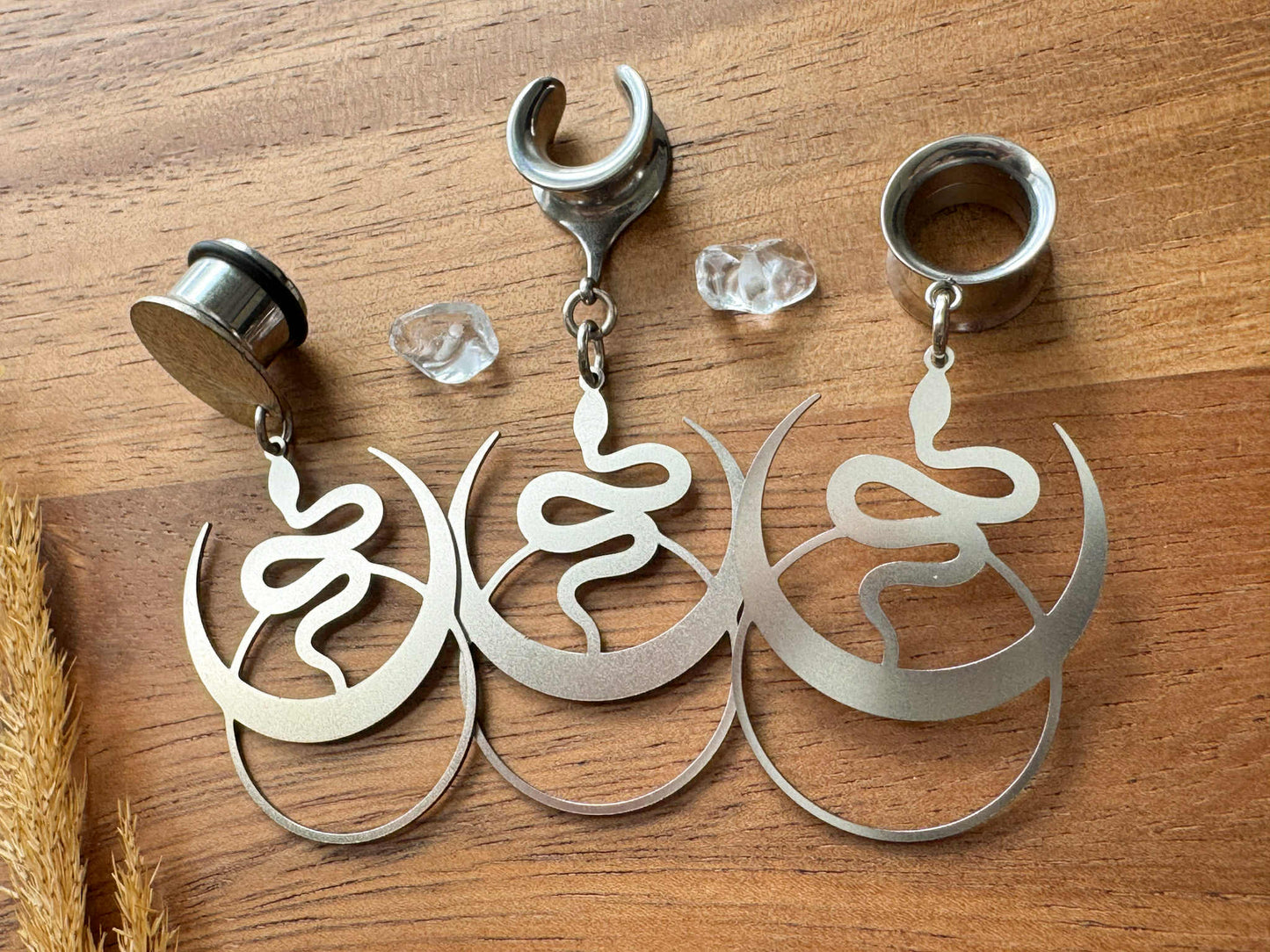 Steel Snake and Moons Plug Earrings