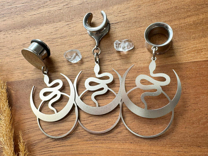 Steel Snake and Moons Plug Earrings