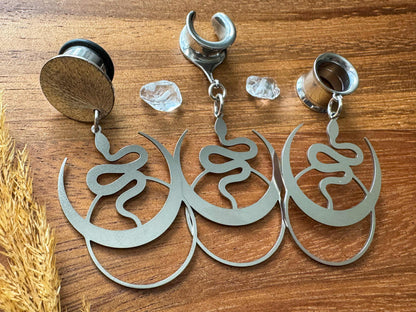 Steel Snake and Moons Plug Earrings