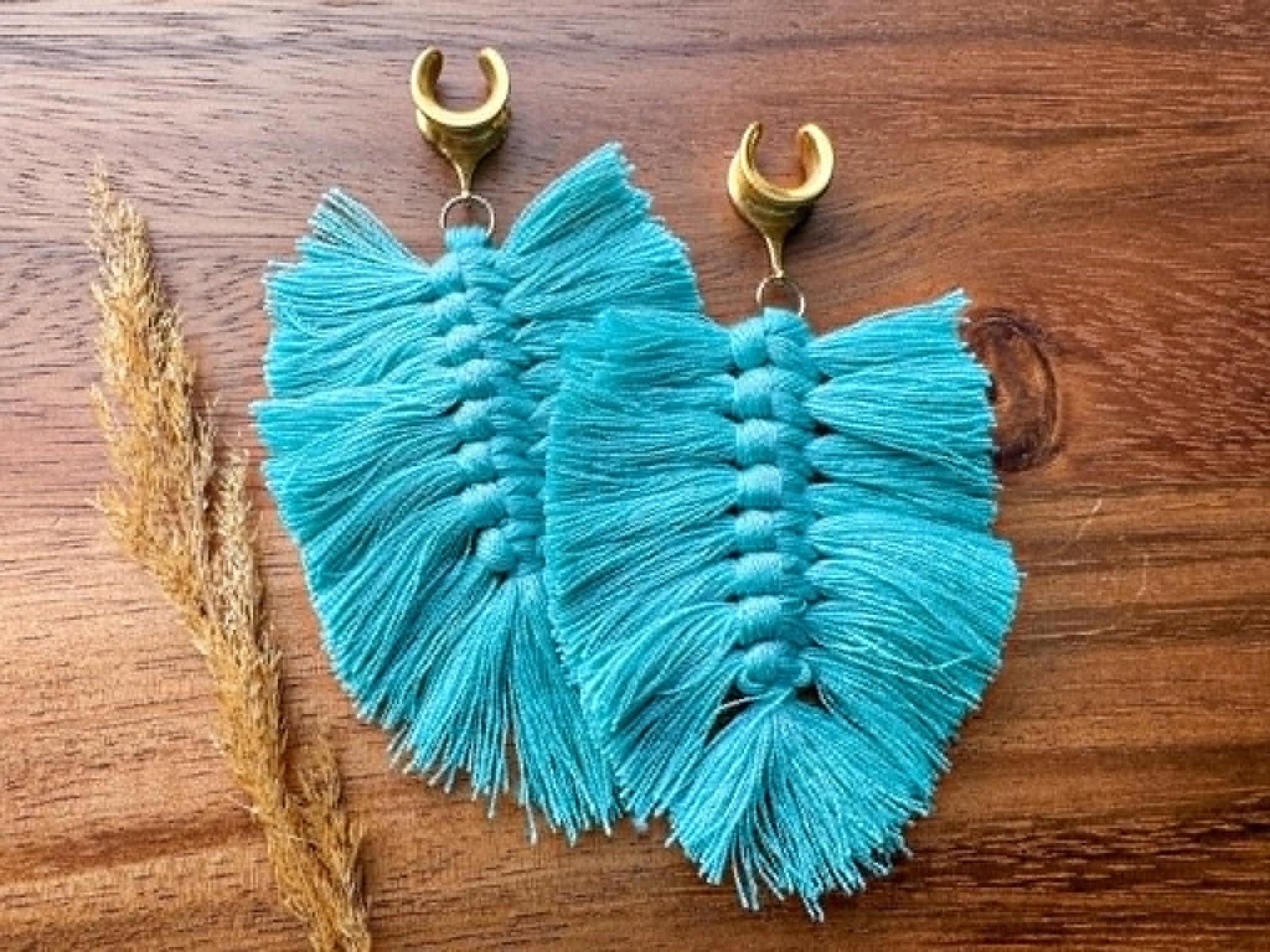 Teal Boho Tassels Plug Earrings