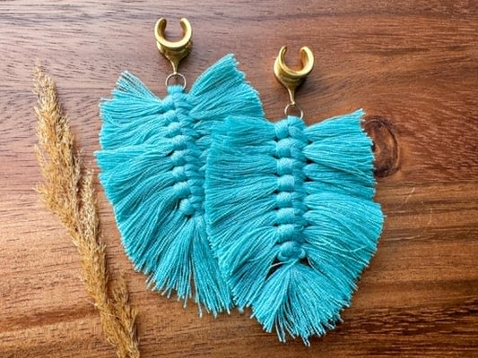 Teal Boho Tassels Plug Earrings