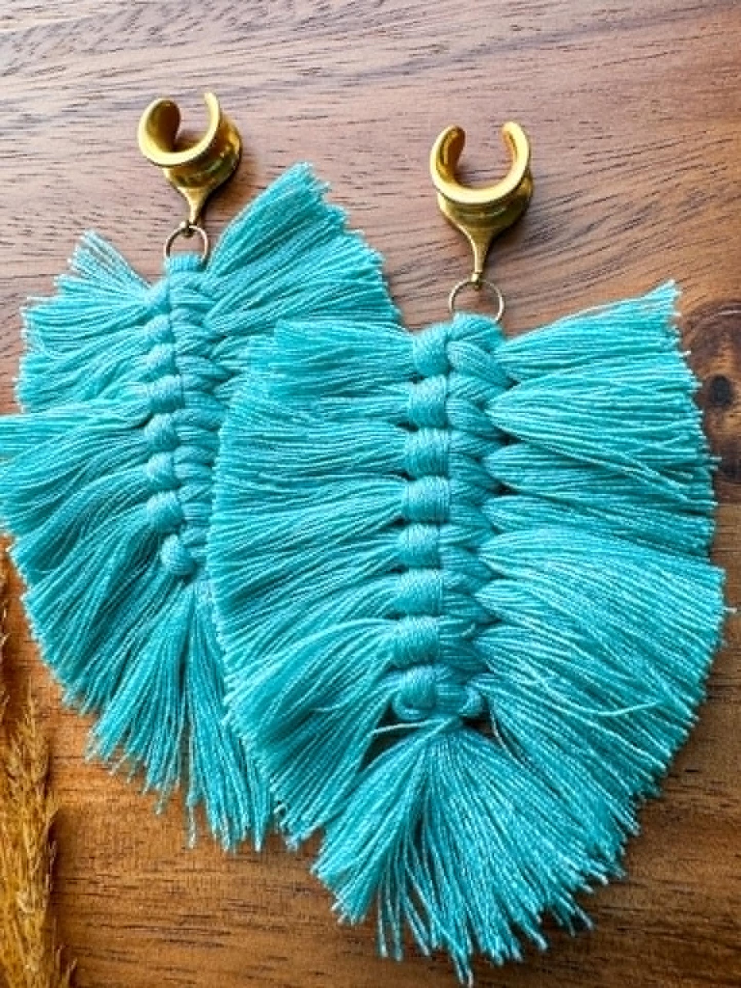 Teal Boho Tassels Plug Earrings
