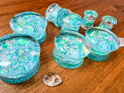 Teal Shimmer Glitter Acrylic Plug Earrings
