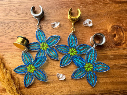Tropical Blue Flowers Plug Earrings