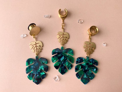 Two Tier Gold & Green Monstera Earrings Plug Earrings