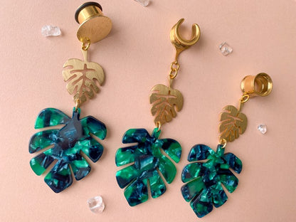 Two Tier Gold & Green Monstera Earrings Plug Earrings
