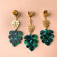 Two Tier Gold & Green Monstera Earrings