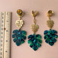Two Tier Gold & Green Monstera Earrings
