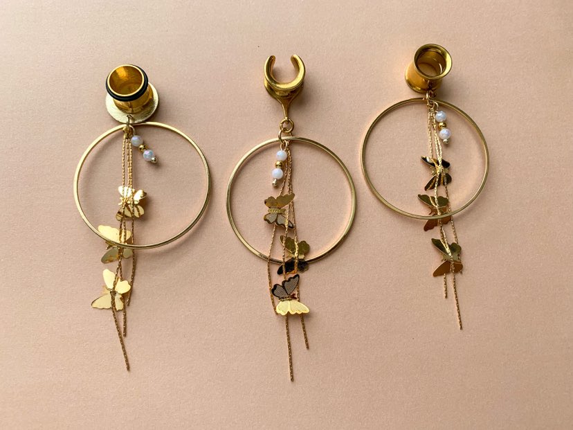 18k Gold Hoops With Butterfly Strands