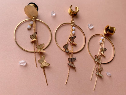 18k Gold Hoops With Butterfly Strands