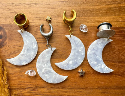 White Crescent Moons Plug Earrings