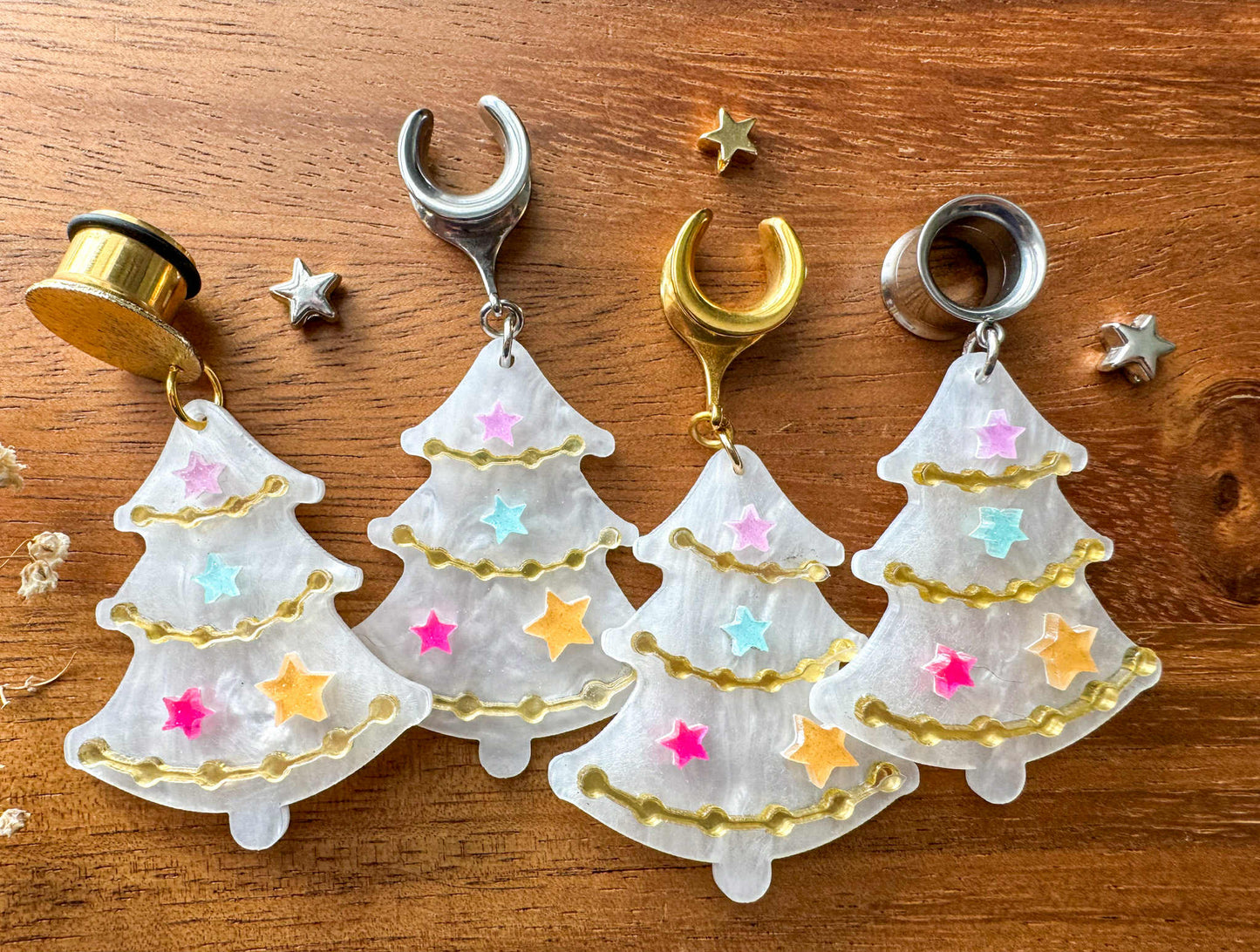 White Decorated Christmas Trees Plug Earrings
