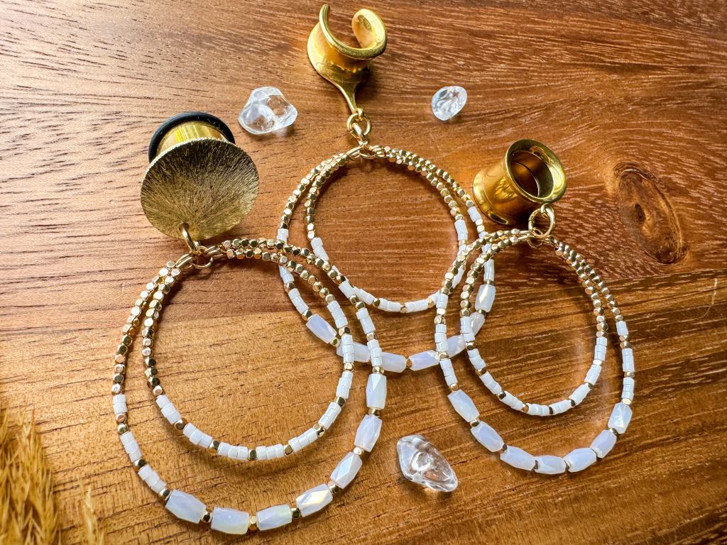 White & Gold Beaded Hoops Plug Earrings