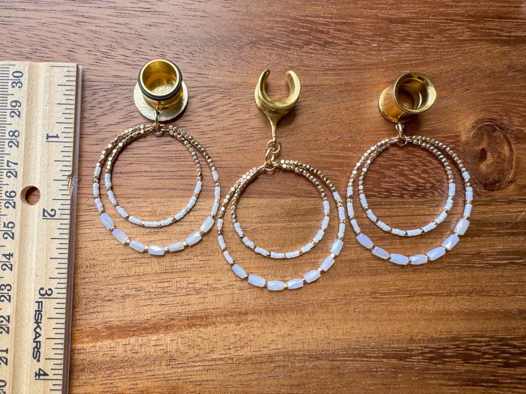 White & Gold Beaded Hoops Plug Earrings