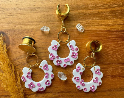 White & Purple Floral Dangles Plug Earrings