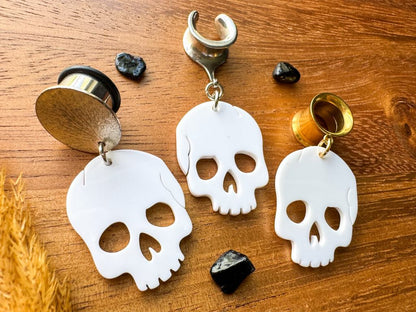 White Shiny Skulls Plug Earrings