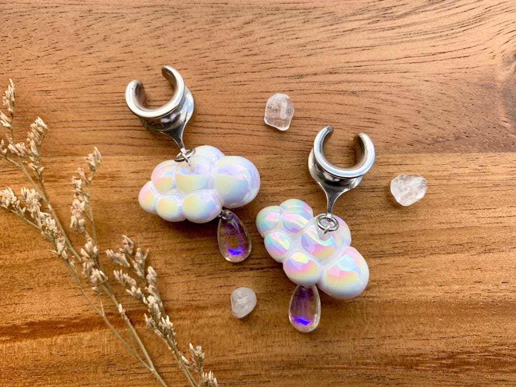 White & Silver Iridescent Rainclouds Plug Earrings
