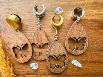 Wooden Butterfly Tears Plug Earrings