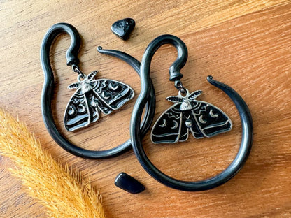 Black Steel Moth Hangers Plug Earrings