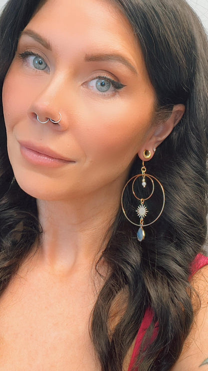 18k Double Hoops With Sun & Opalite Dangles