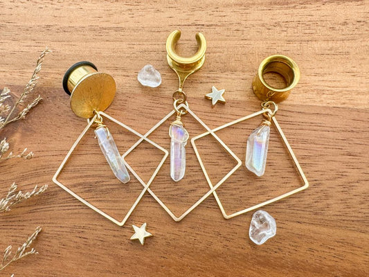 Gold Square With Faux Aura Quartz Dangle