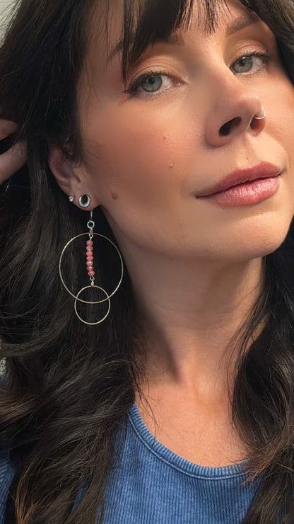 Pink Beaded Silver Hoops